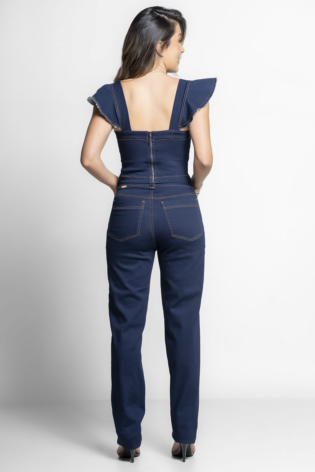 Conjunto de Calça e Cropped Mangas Jabô Jeans