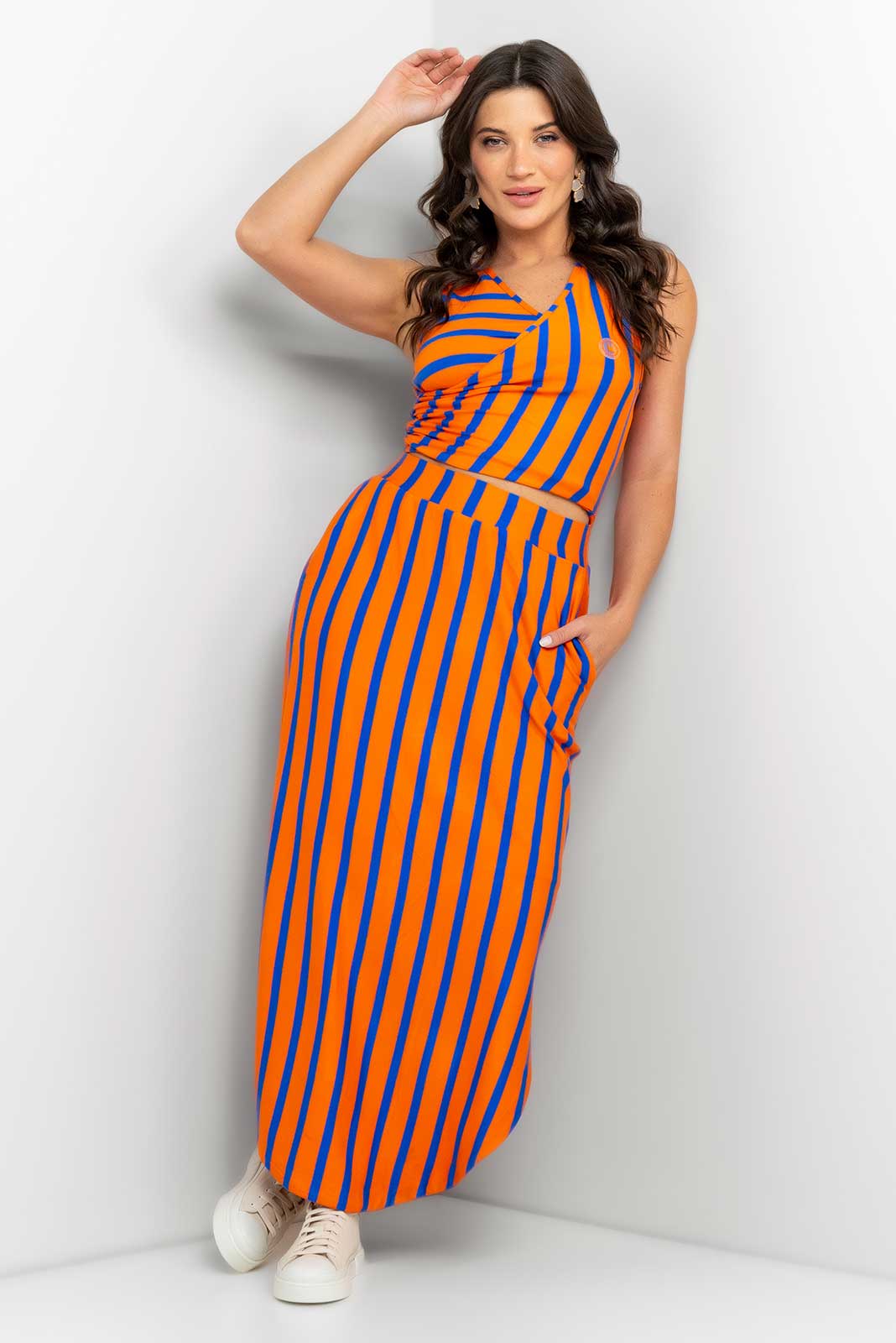 Vestido longo com fenda lateral listrado discount