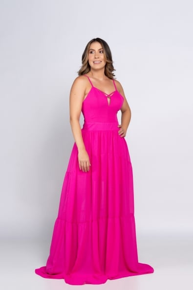 Vestido Rosa Com Shape Volumoso Decote Em X Alças e Costas Com Decote -  Kímika 10549