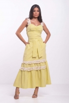 Conjunto Saia Babado Cropped Alça Detalhes Franja Amarelo