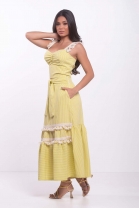 Conjunto Saia Babado Cropped Alça Detalhes Franja Amarelo