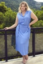 Vestido Plus Size Midi Ajuste Cintura Azul 