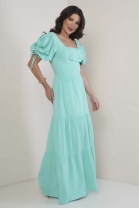 Vestido Longo de Mangas Bulfantes Verde Agua