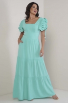 Vestido Longo de Mangas Bulfantes Verde Agua