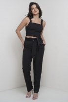 Conjunto de Calça e Cropped Alça Traçada Preto 