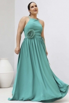 Vestido Longo Fluido Flor 3D Verde 