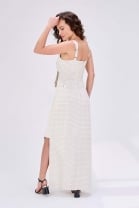 Vestido Longo Laço 3D Listrado Off White