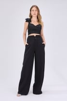 Conjunto de Calça Cós Alto e Cropped Texturizado Preto 