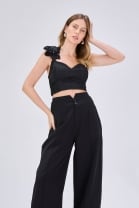 Conjunto de Calça Cós Alto e Cropped Texturizado Preto 