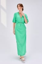 Vestido Longo com Abotoamento e Amarração Frontal Verde 