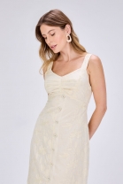 Vestido Longo Bordado Pregas no Busto Off White 