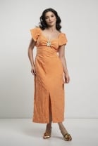 Vestido Midi de Laise e Decote V com Detalhe Laranja 