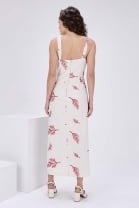 Vestido Midi Bordado com Amarração Off White 