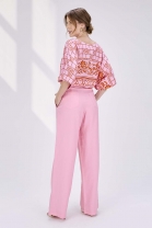 Conjunto de Calça e Cropped Soltinho Rosa Estampado 