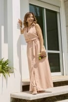 Vestido Longo com Abotoamento e Fenda Frontal Rose