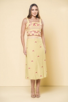 Conjunto de Saia Midi e Cropped Bordado Amarelo