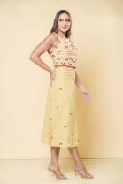 Conjunto de Saia Midi e Cropped Bordado Amarelo