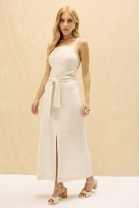 Vestido Midi com Amarração Frontal Cru