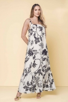 Vestido Longo Fluido Bege Estampado