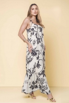 Vestido Longo Fluido Bege Estampado