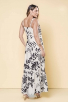 Vestido Longo Fluido Bege Estampado