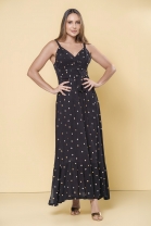 Vestido Longo Poa com Babados Preto