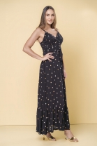 Vestido Longo Poa com Babados Preto