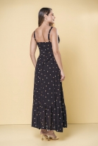 Vestido Longo Poa com Babados Preto