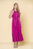 Vestido Midi com Abotoamento Frontal Cavado Fucsia