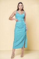 Conjunto de Saia e Cropped de Alça Paete Azul