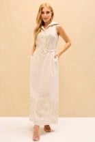 Vestido Midi Bordado com Cinto Removível Cru