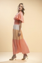 Vestido Midi Decote V Bloco de Cores