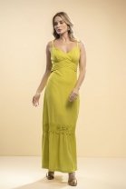 Vestido Longo de Alça Fina em Linho Amarelo