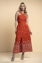 Conjunto de Saia Longa e Cropped Cavado Bordado Laranja