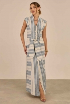 Vestido Longo Com Amarração Frontal Listrado