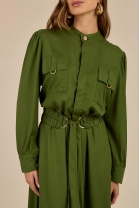 Vestido Longo Abotoamento Frontal Verde Militar