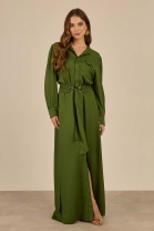 Vestido Longo Abotoamento Frontal Verde Militar
