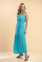 Vestido Longo Fluido Texturizado Azul