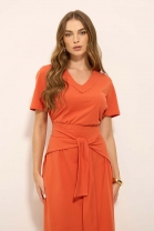 Vestido com Amarração Frontal em Malha Laranja