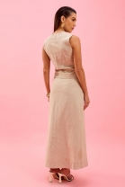 Conjunto de Saia Midi e Colete com Transpasse Bege