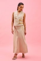 Conjunto de Saia Midi e Colete com Transpasse Bege