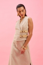 Conjunto de Saia Midi e Colete com Transpasse Bege
