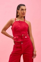 Conjunto de Calça e Cropped com Ajuste Vermelho