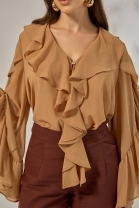 Blusa Manga Longa com Babados Caramelo