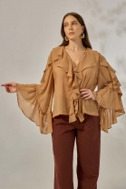 Blusa Manga Longa com Babados Caramelo