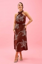 Vestido Midi Marrom Estampado