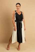 Vestido Mídi com Fendas Laterais Preto e Bege