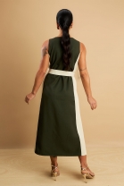 Vestido Mídi com Fendas Laterais Verde e Bege