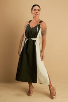 Vestido Mídi com Fendas Laterais Verde e Bege