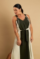 Vestido Mídi com Fendas Laterais Verde e Bege